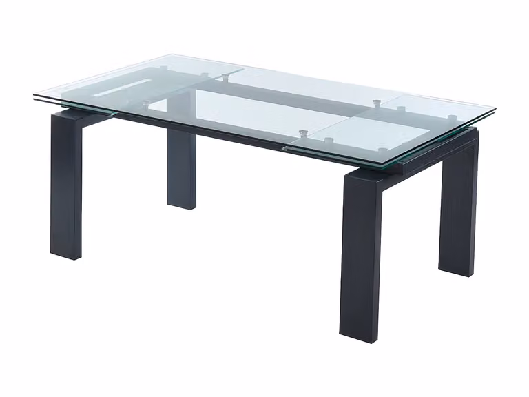 Mesa de comedor extensible VENTE-UNIQUE de cristal transparente y metal negro con diseño moderno y rectangular para adultos