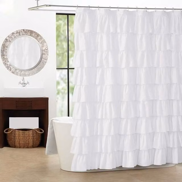 Cortina de ducha LIIYIELA blanca con volantes de estilo shabby chic y textura de tela opaca