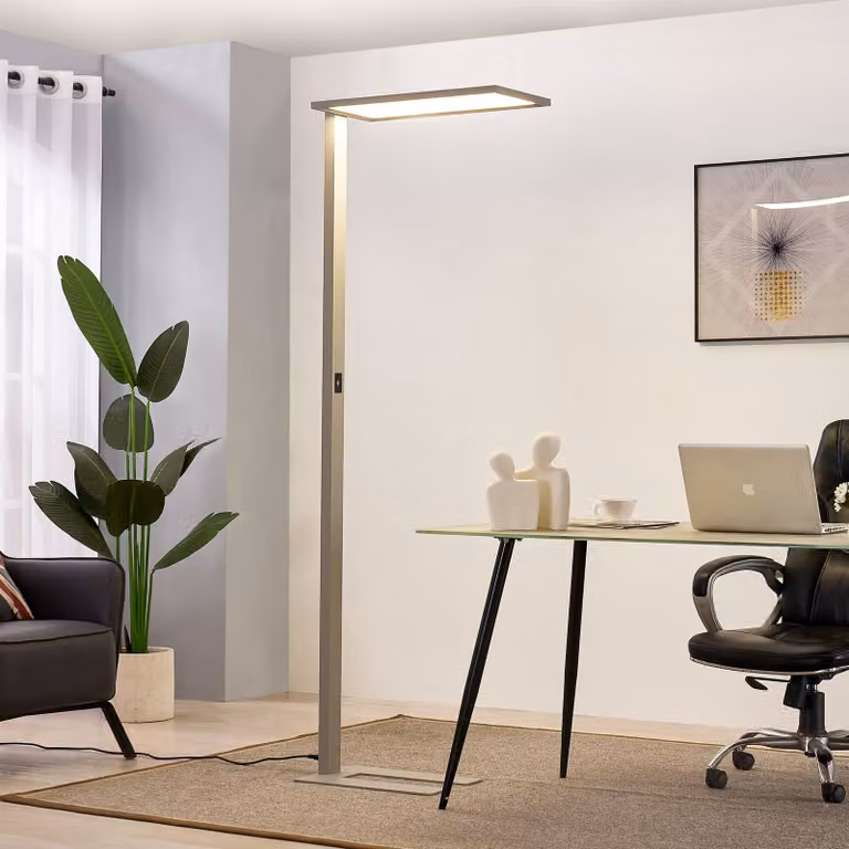 Lámpara de pie LED Taronis PRIOS atenuable en aluminio gris para oficina y hogar