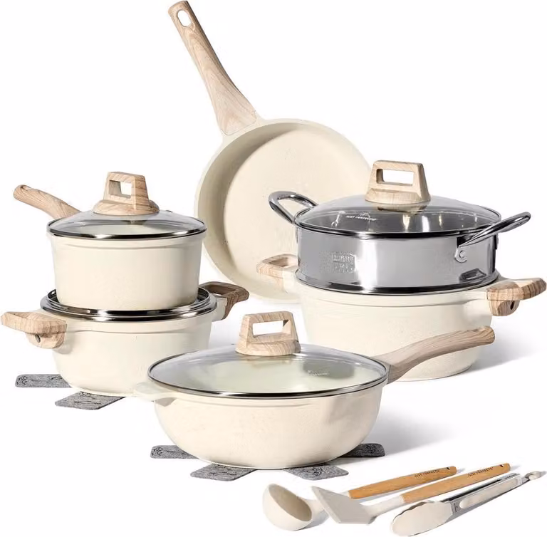Juego de 15 piezas de utensilios de cocina B2X con revestimiento antiadherente de cerámica y aluminio, incluye vaporera y cacerola en colores beige, blanco y multicolor