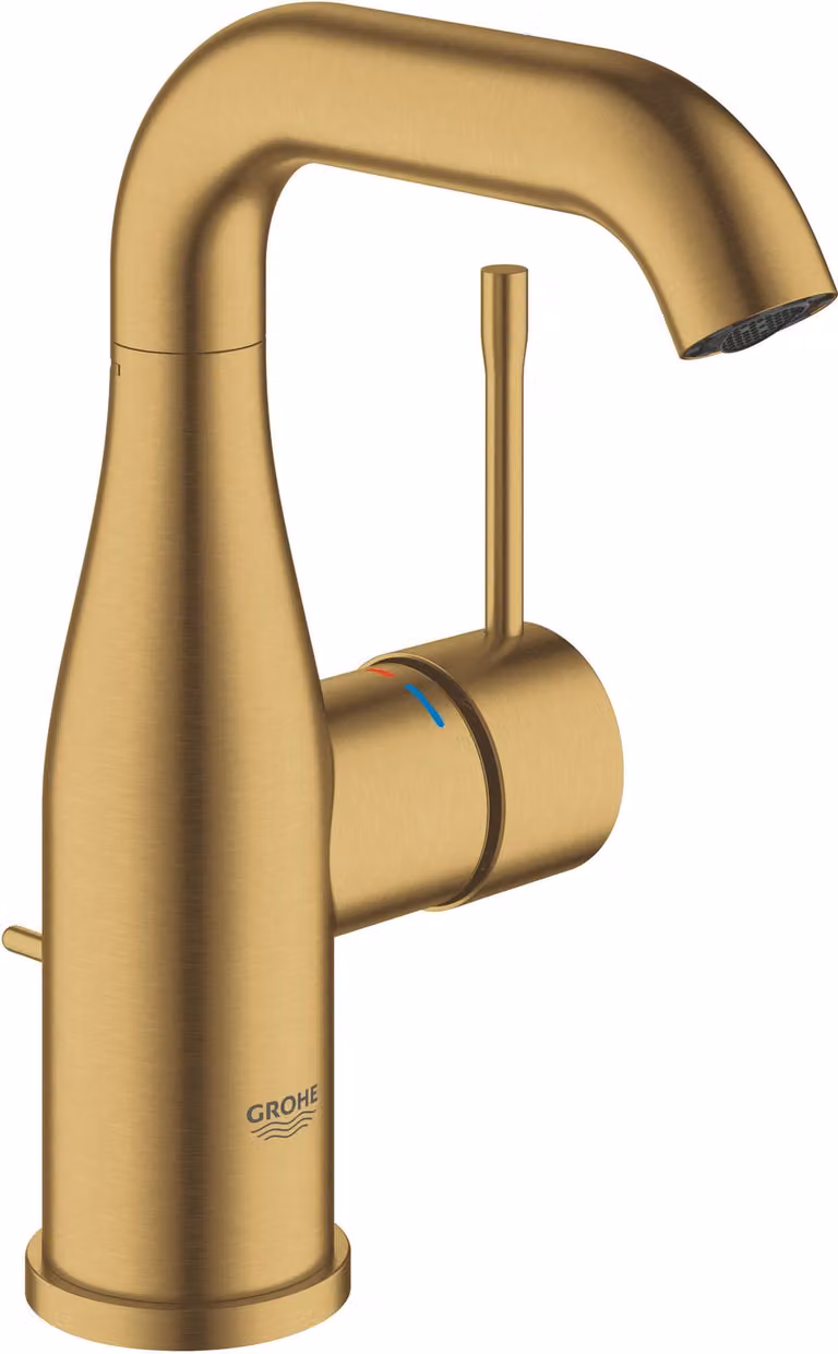 Grifo monomando para lavabo Grohe Essence en acabado latón cepillado con desagüe pop-up