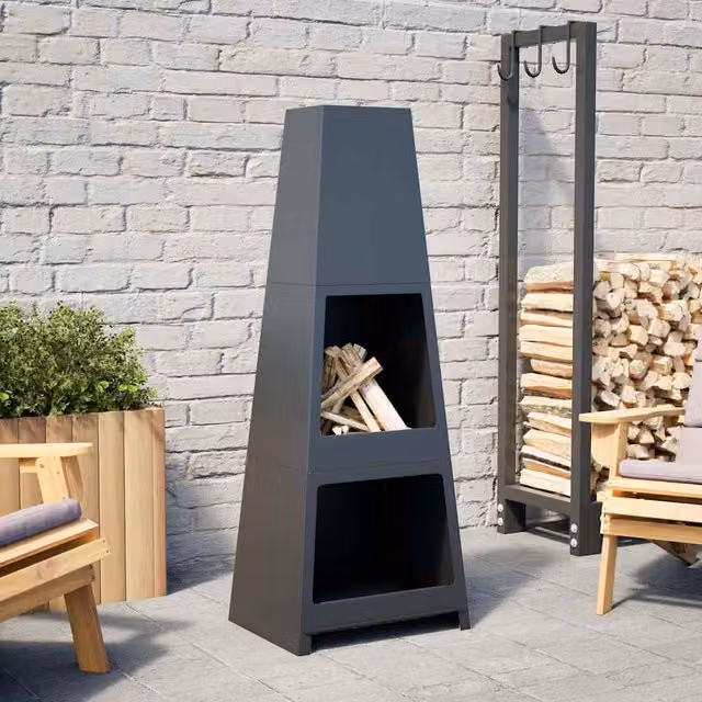 Chimenea de exterior con leñero de acero negro vidaXL An/P/Al: 36 x 36 x 121 cm
