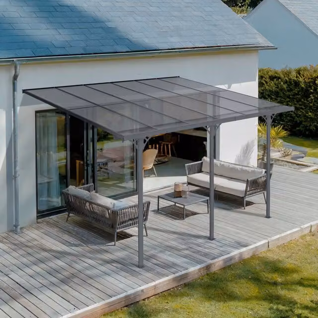 Pergola adosada y cochera CAZEBOO de aluminio gris antracita con cubierta de policarbonato, An/P/Al: 400 x 300 x 270 cm