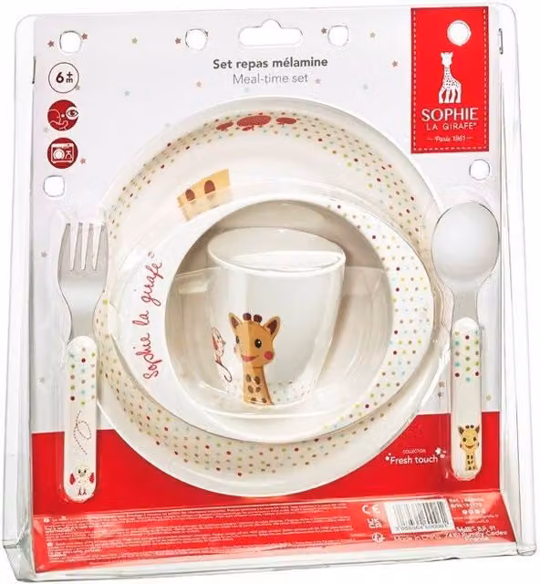 Set de comida Sophie la Girafe para bebés en color blanco, incluye plato, cuenco, taza y cubiertos de melamina