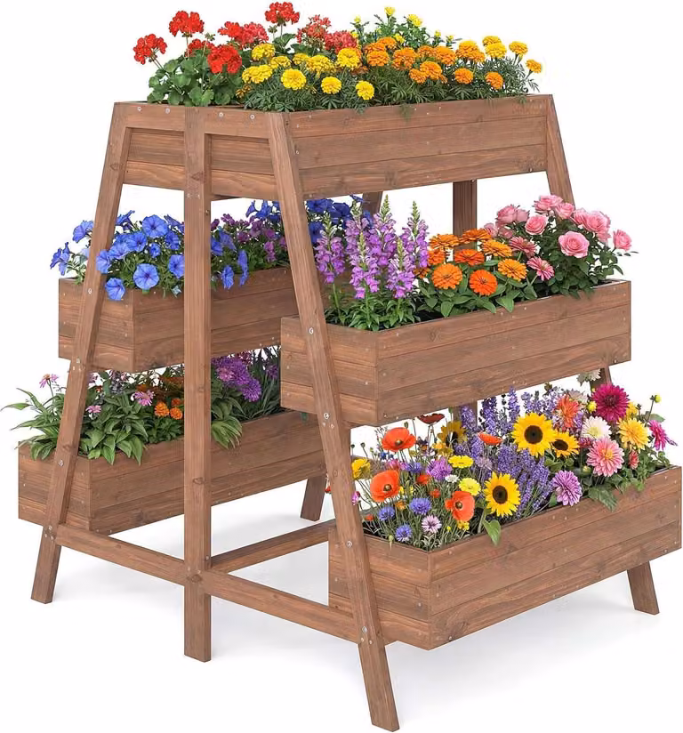 Jardinera elevada de madera Northix de dos niveles con 6 macetas, color marrón, An/P/Al: 126 x 90 x 115 cm