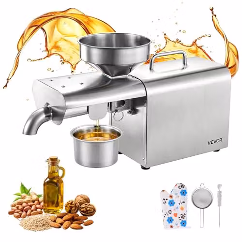 Prensa de aceite eléctrica VEVOR de 750 W en acero inoxidable color plata para uso doméstico y comercial con capacidad de 3,75 kg/h