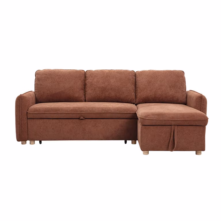 Sofá esquinero convertible reversible ORSO de Miliboo con arcón, 3 plazas, tejido chenilla color marrón y madera clara, An/P/Al: 212 x 139,5 x 83 cm