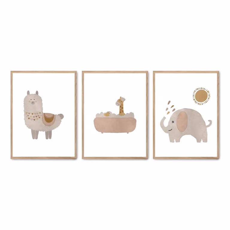 Set de 3 pósteres de ilustración animal print de Poster Lab, multicolor, con marco de madera, An/P/Al: 50 x 70 cm