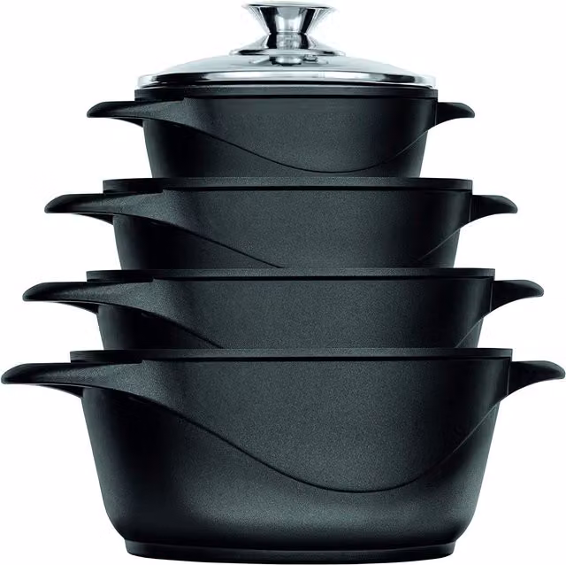 Batería de cocina Smile mgk-12 de 8 piezas en aluminio forjado y base de hierro fundido con antiadherente, incluye 4 ollas con tapas de cristal, disponible en negro y rojo