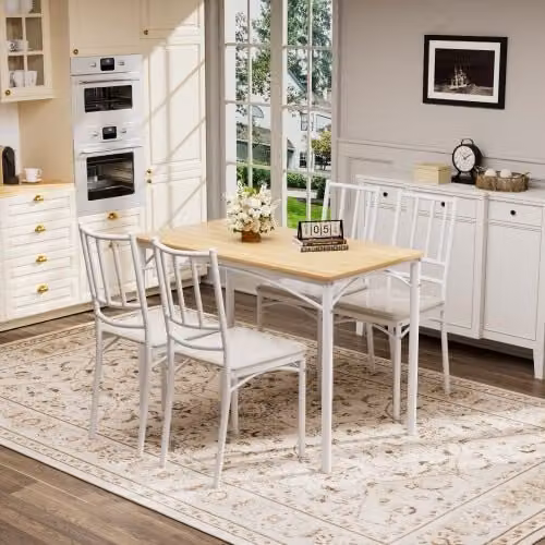 Conjunto de mesa de comedor rectangular y 4 sillas OKWISH en color nogal y blanco, An/P/Al: 110 x 60 x 76.5 cm
