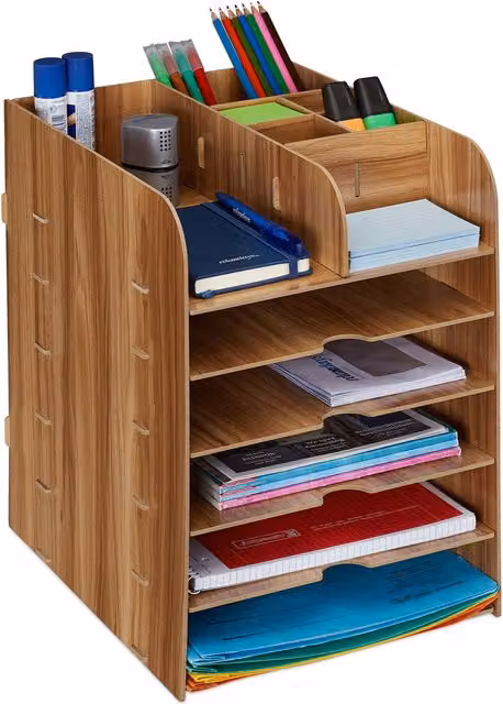 Organizador de escritorio con 12 compartimentos para documentos de relaxdays, color marrón, An/P/Al: 34,5 x 25 x 32 cm