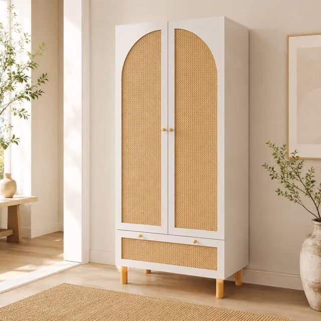 Armario Ropero BEAOK de Estilo Rústico en Blanco con Detalles de Ratán, 2 Puertas, Cajón, Barra para Colgar y Estantes, An/P/Al: 180,5 x 52 x 85,5 cm