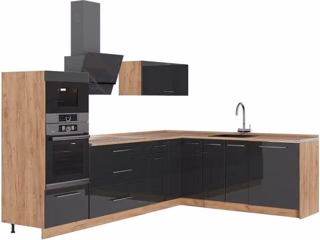 Cocina esquinera Vicco Fame-Line en antracita alto brillo y roble dorado, An/P/Al: 287 x 207 x 60 cm