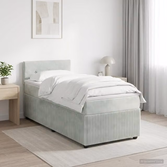 Cama box spring híbrida Maison Exclusive con colchón de muelles ensacados en terciopelo gris y blanco, An/P: 100 x 200 cm