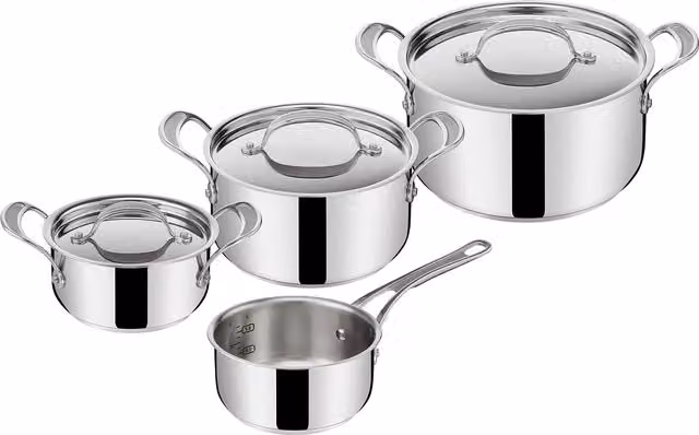 Set de 7 cacerolas Jamie Oliver by Tefal Cook's Classics E307S734 de acero inoxidable color plata con tapa, aptas para inducción, An/P/Al: 16 x 20 x 24 cm