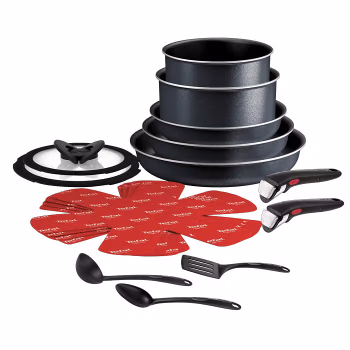 Set de 16 piezas de ollas y sartenes Tefal Ingenio So'Light con mangos extraíbles, revestimiento antiadherente de titanio y acabado en negro