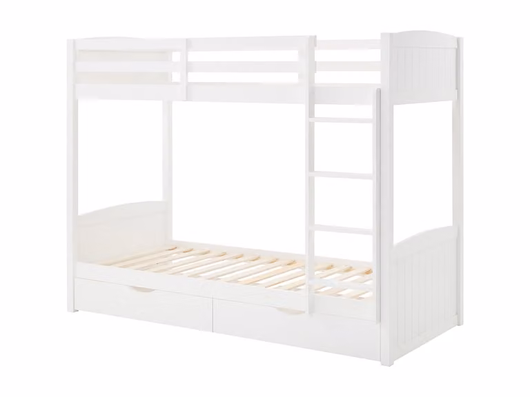 Litera de dos niveles Limodara con 2 cajones en color blanco, fabricada en pino y MDF, An/P/Al: 90 x 200 x 162,5 cm