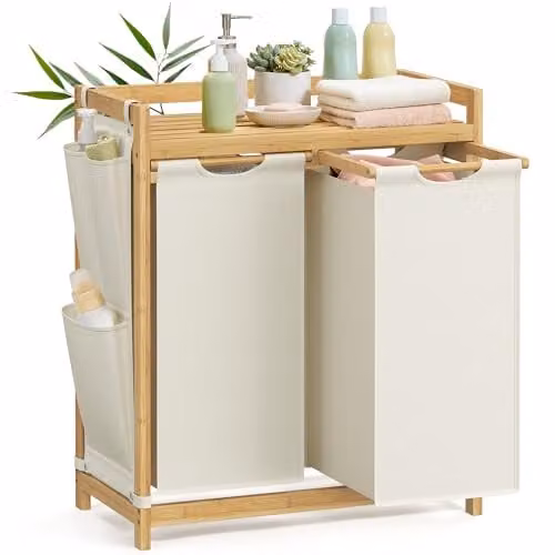 Cesto para ropa sucia SONGMICS de 100 L con estante y bolsa extraíble de bambú, color blanco, An/P/Al: 33 x 63 x 78 cm