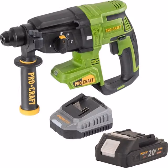 Martillo Perforador a Batería Procraft PHA40BB 20 V con Motor Sin Escobillas, SDS Plus, 2,6 J, Color Verde, Incluye 1 Batería de 2,0 Ah y Cargador