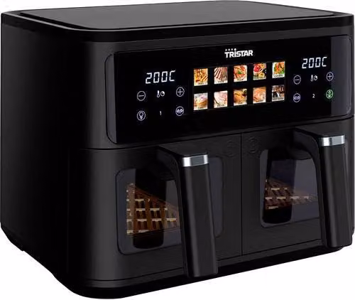 Freidora de aire Tristar de doble cesta con capacidad de 9 l, 2500 W, 10 programas, panel digital, ventanas de control y revestimiento sin PFAS en color negro