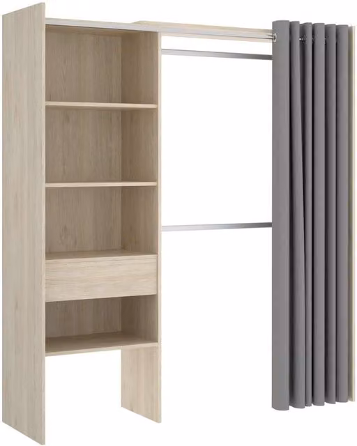 Vestidor Siles de Dkt para dormitorio con cortina enrollable, 3 baldas y 1 cajón en Roble Natural, Al: 160 cm, An: 205 cm, P: 50 cm