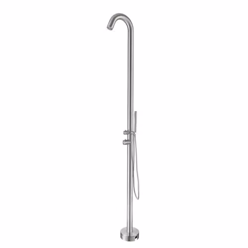 Ducha exterior de acero inoxidable 316L con agua caliente y fría, acabado en acero cepillado color gris plata, modelo TS1001