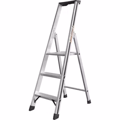 Escalera de tijera Hymer de aluminio color plata con bandeja, 3 pasos, Altura: 65 cm