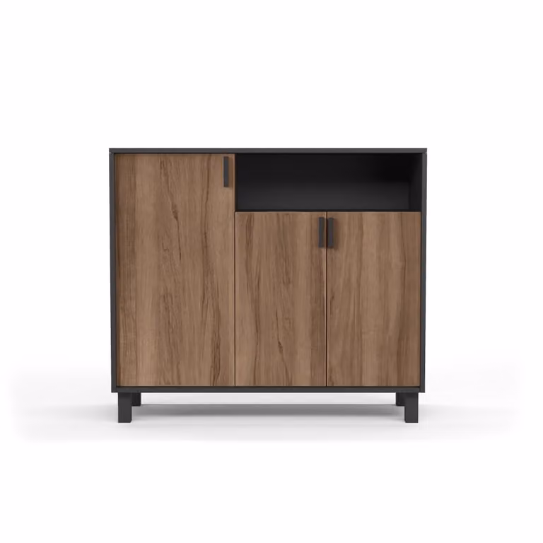 Mueble zapatero Dyrnes de HERDASA en melamina gris grafito con puertas nogal y patas haya, An/P/Al: 88 x 37 x 100 cm