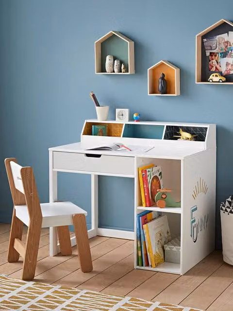 Escritorio preescolar Vertbaudet LÍNEA FUNNY azul y blanco con motivos
