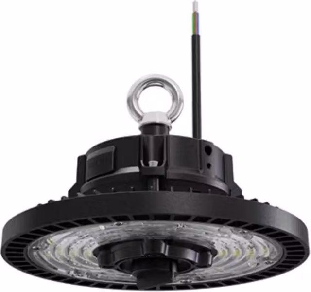 Lámpara LED UFO F-BRIGHT de 150W en color negro con driver Lifud, regulable 1-10V, 16.000 Lm y protección IP65 para exterior