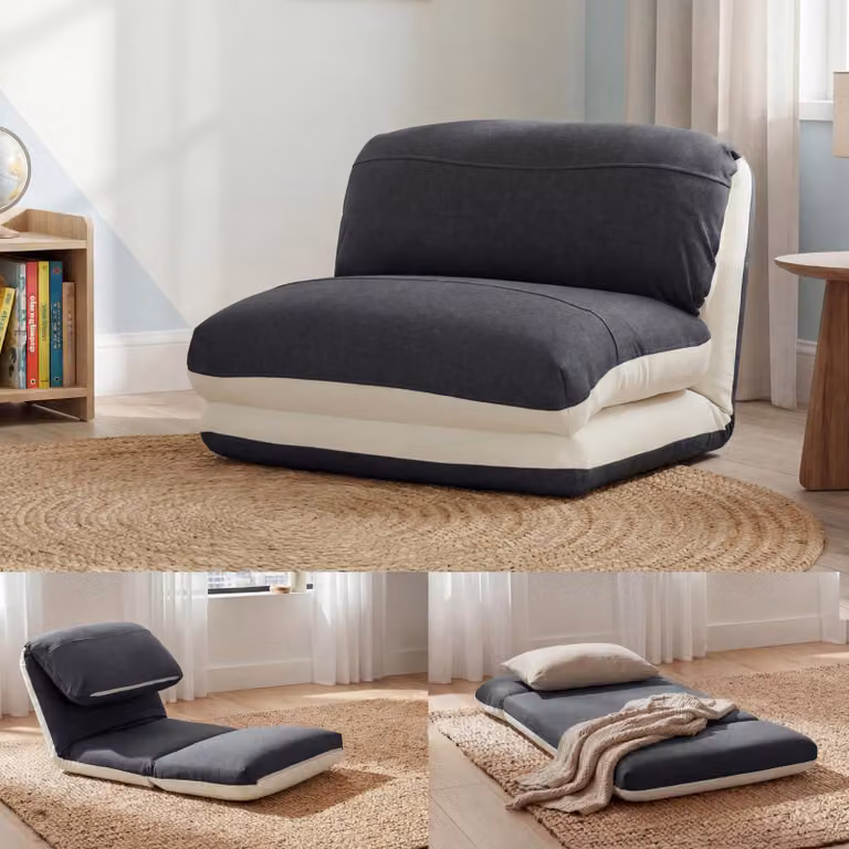 Sillón reclinable y plegable Mendler con reposabrazos, tapizado en tela, color beige y negro