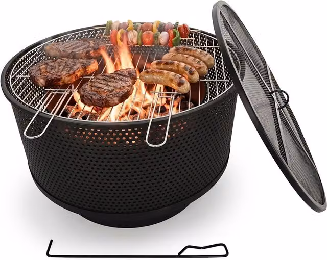 Brasero 3 en 1 Relaxdays con parrilla, protector de chispas y atizador, acero, negro, Diámetro: 61 cm