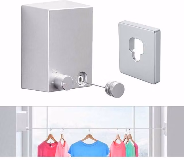 Tendedero retráctil de pared LIIYIELA en color plateado para interiores y exteriores con sistema de bloqueo para jardín o baño