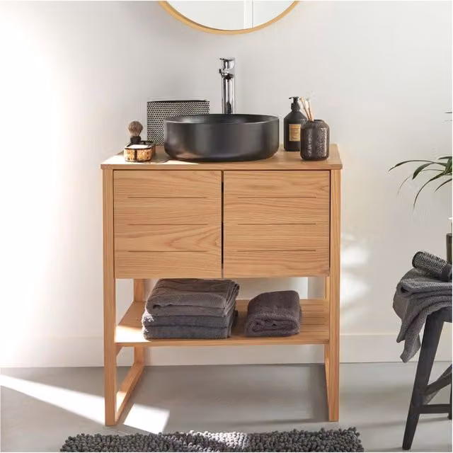 Conjunto de mueble de baño Atoll en roble con lavabo redondo negro, grifo y espejo, An: 70 cm