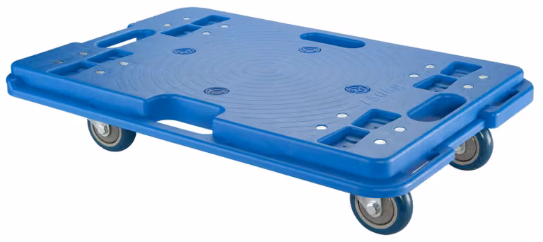 Patinete de transporte giratorio BS ROLLEN en color azul de poliuretano con capacidad de carga de 150 kg, An/P: 600 x 400 mm y diámetro de 75 mm
