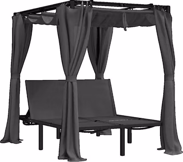 Tumbona doble con toldo y cortinas laterales vidaXL en gris antracita con reposacabezas ajustable y estructura de acero
