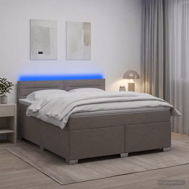 Cama Maison Exclusive con base tapizada, colchón híbrido y luz LED con puerto USB en gris y blanco, An/P: 140 x 200 cm
