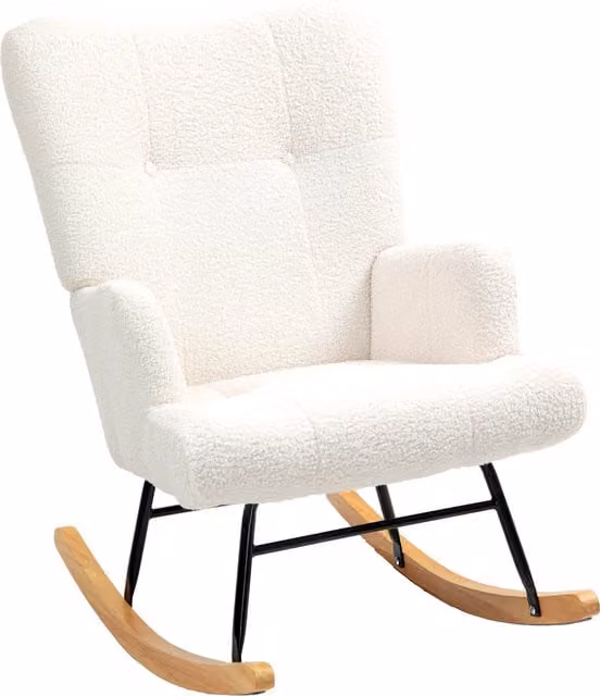 Silla Mecedora HOMCOM de Tejido Borreguito con Respaldo Capitoné y Base de Madera de Caucho, Color Crema, An/P/Al: 65 x 88 x 87 cm