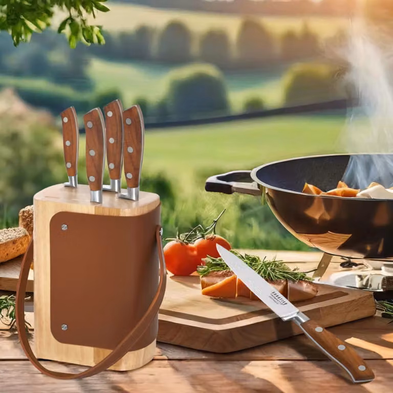 Set de 5 piezas Sabatier Trompette de acero inoxidable con bloque de madera marrón