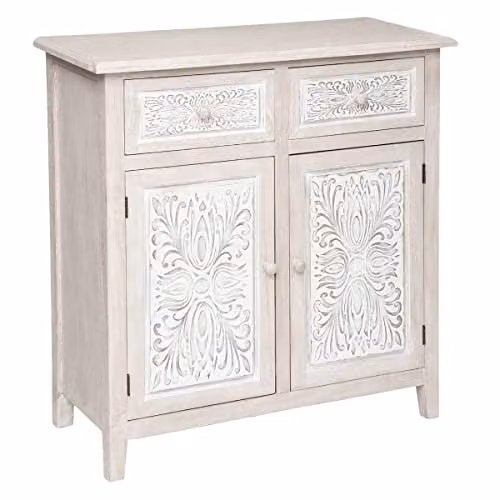 Cómoda de madera con diseño floral y oriental Atmosphera en color beige y blanco, An: 80 cm, Al: 85 cm