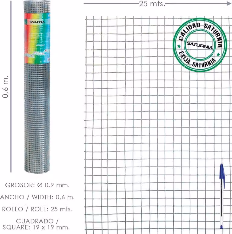Malla electrosoldada ligera de acero galvanizado Saturnia color plata, cuadrícula de 19 x 19 mm, Ancho: 60 cm, Largo: 25 m
