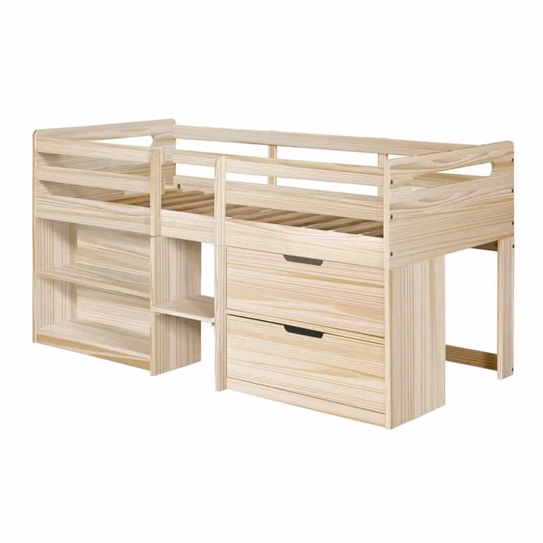 Cama de cabaña de altura media ID Kids en madera de pino con colchón de espuma y zona de juegos, An/P/Al: 90 x 190 x 197 cm
