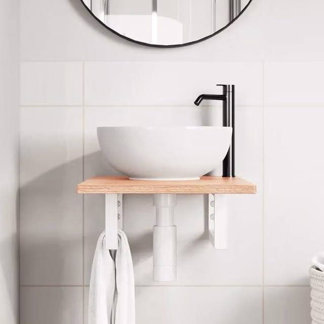 Estante de lavabo de pared SYFAX de madera de roble y metal en marrón y blanco