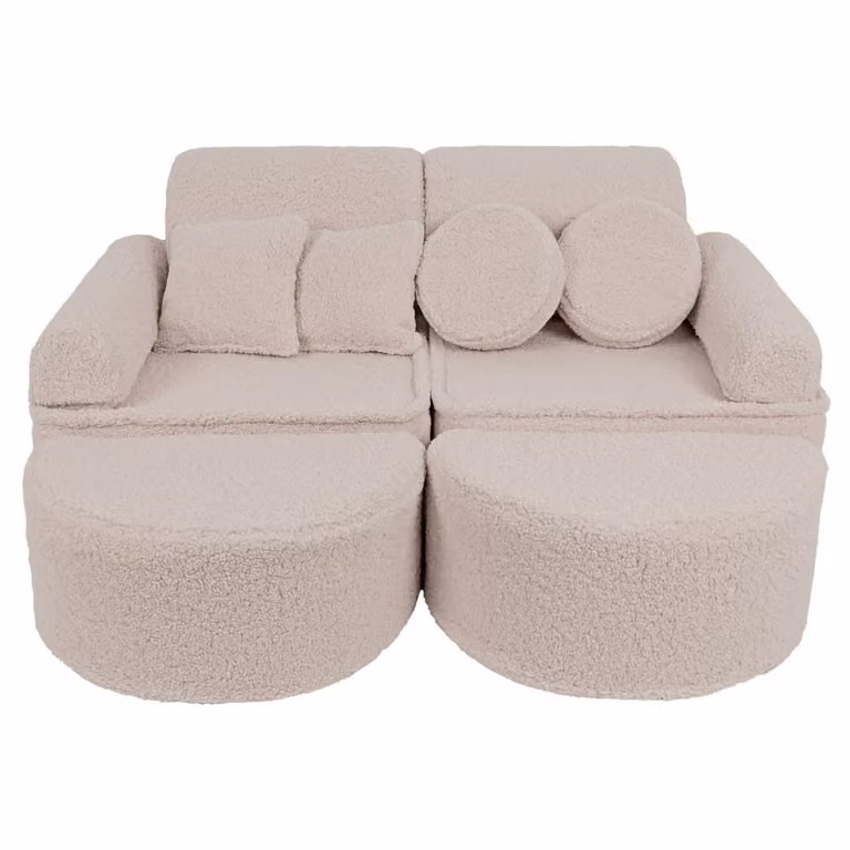 Sofá modular infantil MeowBaby de 12 piezas en tejido boucle con fundas extraíbles y función de cama en colores beige y gris