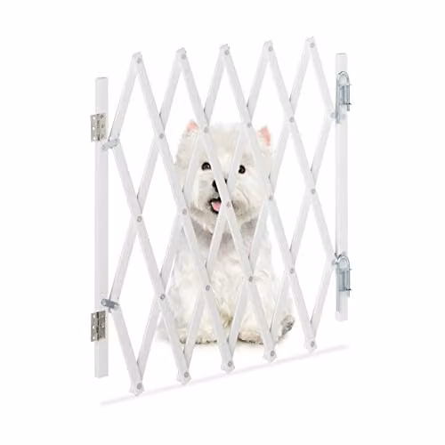 Barrera de seguridad extensible Relaxdays de bambú y metal para puertas y escaleras, color blanco, Ancho: 17 a 96 cm, Altura: 48,5 a 60 cm