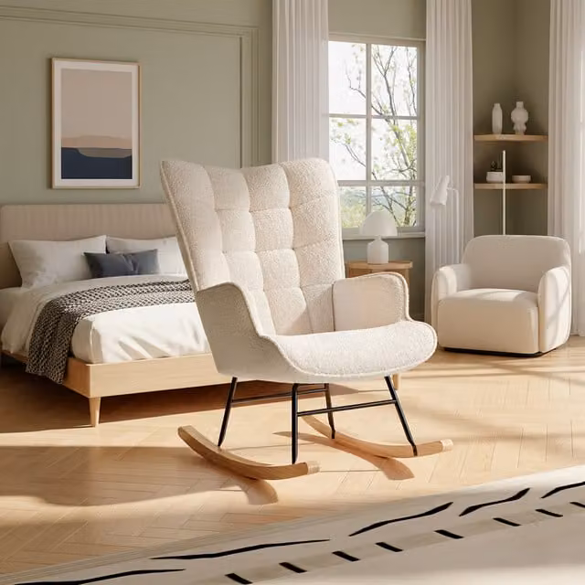 Sillón Mecedora NAHILIMI con Tapizado de Tela Boucle y Diseño de Cuadros, Estilo Nórdico, con Respaldo Acolchado y Patas de Madera, Beige, An/P/Al: 75 x 68 x 92 cm