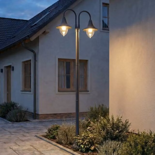 Lámpara de exterior de pie Madea de Lindby, color gris, 2 luces, E27, IP44, Altura: 211,5 cm