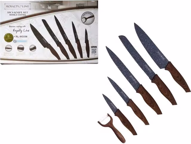 Juego de 6 cuchillos Royalty Line con recubrimiento de mármol antibacteriano y mango de madera en colores marrón y negro