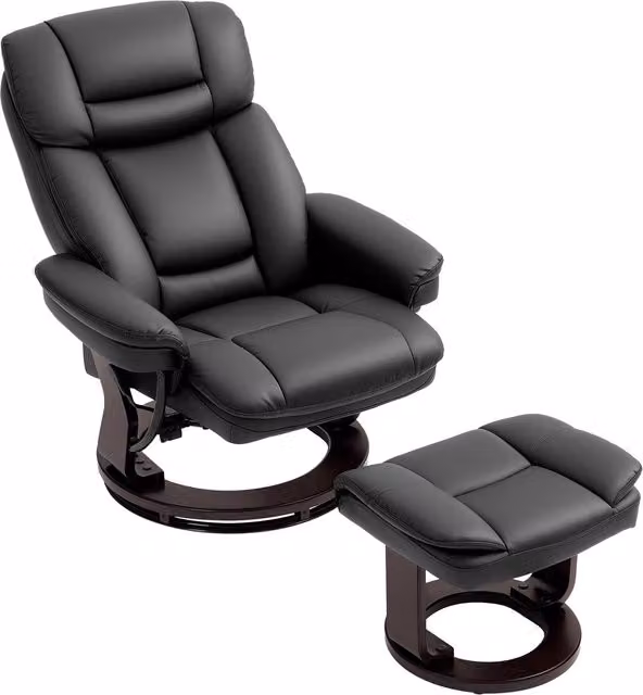 Sillón reclinable con otomana NORTHIX en piel sintética negra con giro de 360 grados y diseño moderno para salón