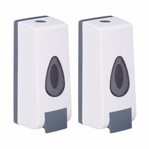 Set de 2 dispensadores de jabón de pared Relaxdays, recargables con bomba, 350 ml, plástico, Blanco y Gris, An/P/Al: 19 x 8 x 8 cm
